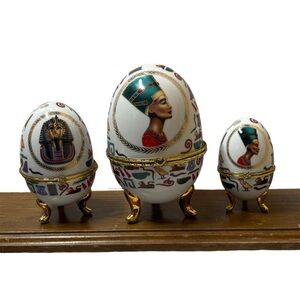Decorative Egyptian Porcelain Egg Trinket Boxes – Colorful Set of 3